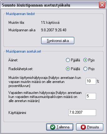 29 Kuva 25. Suunto Muistipannan asetustyökalulla voidaan määrittää Memory Beltin asetukset. Sykevyön kellon synkronoiminen tietokoneen kellon kanssa tapahtuu painamalla Synkronoi aika.