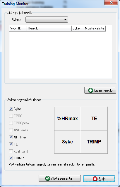 56 Kuva 51. Training Monitor valikko. Training Monitorin päänäkymä Training Monitor näyttää valitut henkilöprofiilien muuttujat.