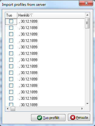 63 henkilön profiilia, voidaan palvelimelta tuoda profiili SPORTSiin painamalla vasemmasta alakulmasta Tuo henkilöt palvelimelta.