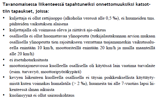 7 3 Kuolemaan johtaneet tieliikenneonnettomuudet nollavision näkökulmasta Kun tarkasteltavaksi otetaan vuoden 2010 virallisen tilaston mukaiset 241 kuolemaan johtanutta tieliikenneonnettomuutta,