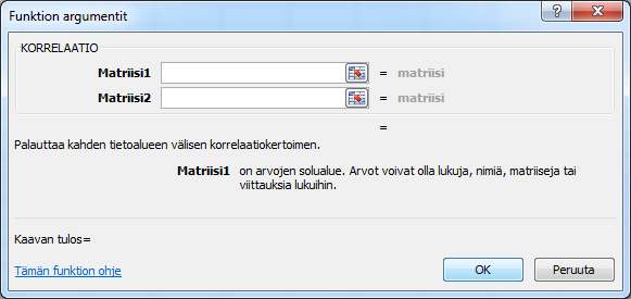 Vaihe 1 Funktion etsintäsolu Funktioluokat Funktion lyhyt ohje Funktion tarkempi ohje Kuva 103 Funktion lisääminen ( Insert Function) - valintaikkuna Voit kirjoittaa Etsi (Search) -kenttään funktion