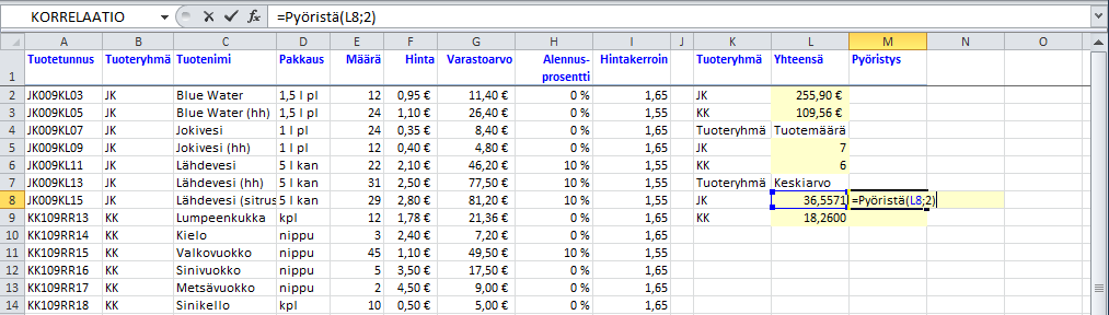 Harjoitustiedosto: Funktioiden-käyttöä.xlsx Kuva 110 Pyöristä() (Round ) - funktio Funktiolla pyöristät laskennassa saadun vastauksen haluamallasi määrällä desimaaleja tai kokonaisia.