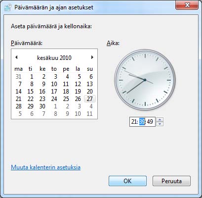 Kuva 112 Ajan muuttaminen Ajan muuttamiseen pääset napsauttamalla Muuta päivämäärää ja aikaa (Change date and time) -painiketta.