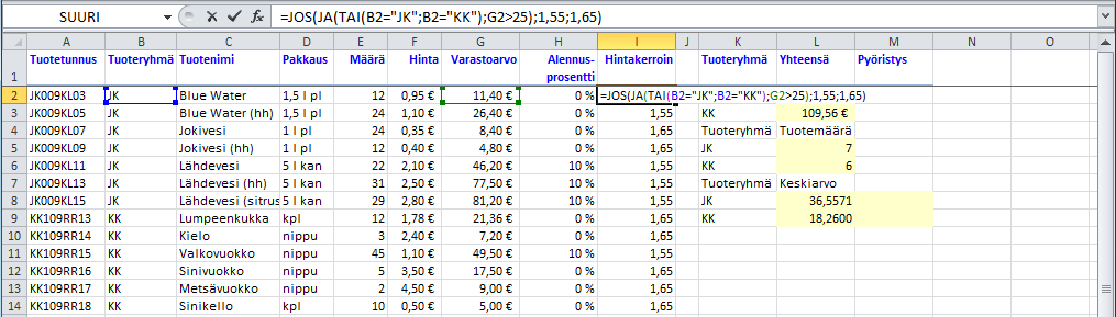 Kuva 123 Tai() ( Or) - funktiolla Funktiolla määrität tässä tuotteiden myynnille hintakertoimen.