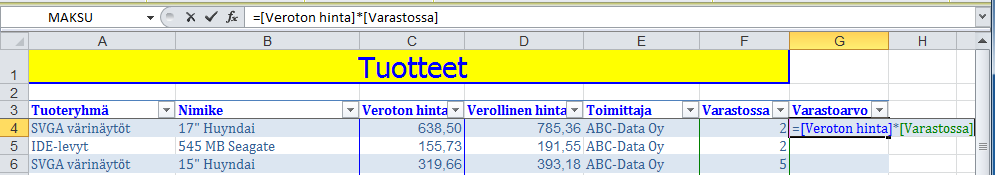 Harjoitustiedosto: Tuotteet.xlsx Lisää yhteenvetorivi taulukon alle Excelissä on toiminto laskennallisen yhteenvetorivin luomiseen.