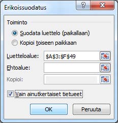 Erikoissuodatus Harjoitustiedosto: Tuotteet-tupla-arvo-piiloon.xlsx Erikoissuodatuksella voit tehdä hyvin monipuolisia kyselyitä. Kyselyssä voit käyttää useita Ja (And) tai Tai (Or) -ehtoja.