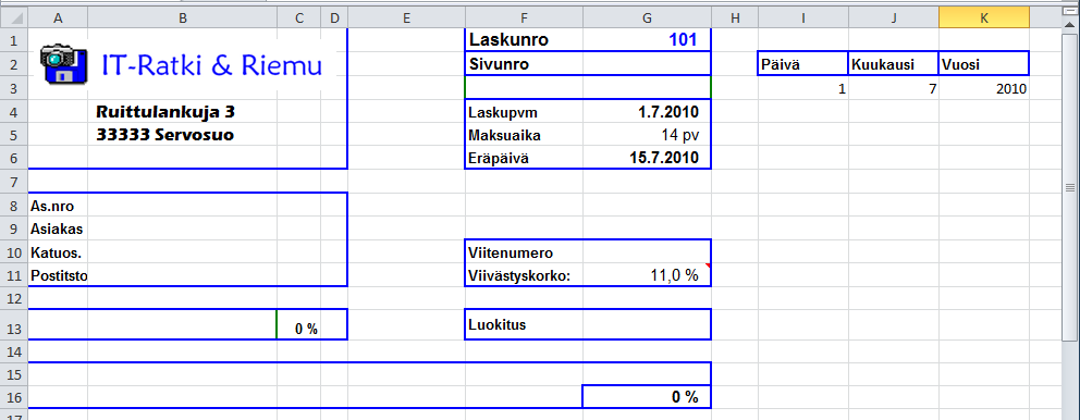 Harjoitustiedosto: Lomakeobjektit.xlsx Avaa Laskutus-työarkki ja muotoile se seuraavan kuvan mukaiseksi.