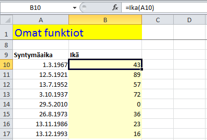 Funktio iän laskemiseksi Harjoitustiedosto: Funktiot-omat.