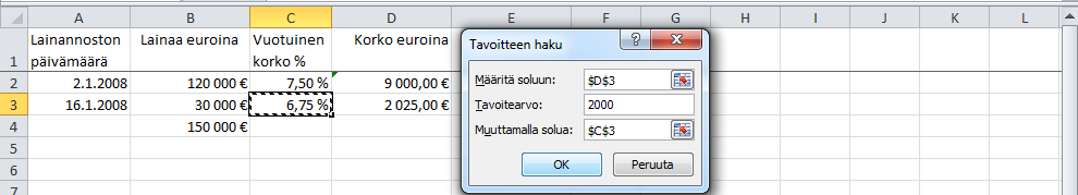 Tavoitteen haku ja ratkaisija Tavoitteen haku (Goal Seek) Harjoitustiedosto: Lainaluettelo.xlsx Tavoitteen haku (Goal Seek) -toiminnolla etsit laskennan tulokselle tavoitearvoa.