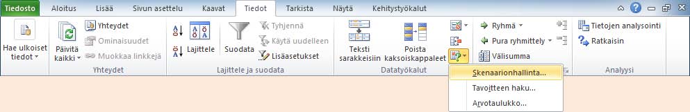 Skenaariot (Scenarios) Harjoitustiedosto: Tuloslaskelma-Skenaariot.xlsx Voit luoda skenaarioita taulukon arvoista.