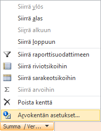 Arvot (Values) -lohkossa suoritetaan laskentaa, Veroton hinta -kentän arvoilla taas voit laskea. Vedä Veroton hinta -kenttä kahdesti Arvot (Values) -lohkoon.