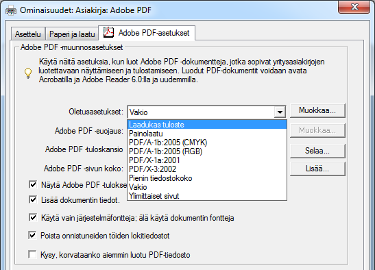 Tulostusasetukset Kun tulostin on valittu, on tärkeää valita PDF-tulostukseen sopivat asetukset.