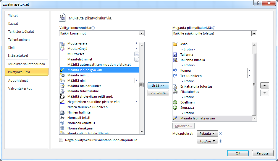 Kuva 287 Pikatyökalurivi ( Quick Access Toolbar) - välilehti Valitse Valitse komento (Choose commands from) -pudotusvalikosta Kaikki komennot (All Commands) -komentorivi.