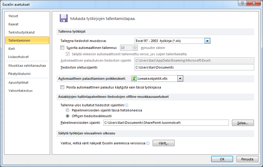 Oletustallennusmuodon muuttaminen Excel 2010 taulukkolaskentaohjelman oletustallennusmuoto on Office XML -tiedostomuoto.