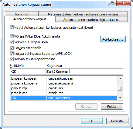 Poikkeusten määrittelyyn Kuva 296 Automaattinen korjaus ( AutoCorrect) - välilehdelle Oma allekirjoituksen teet niin, että ikkunan Etsittävä (Replace) -kenttään kirjoitat omat nimikirjaimesi ja