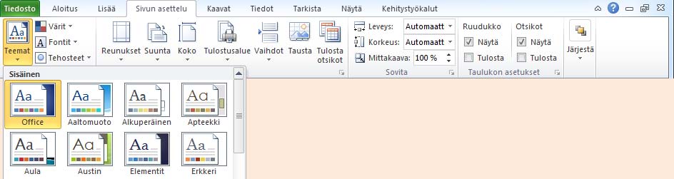 Solun ja alueen sisällön muotoileminen! Excelissä on sen asentamisen jälkeen oletuksena käytössä Office-teema. Teemalla tekemillesi muotoiluille on annettu perusarvot - oletusarvot.