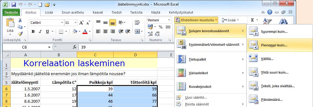 Ehdollinen muotoilu Ehdollisella muotoilulla (Conditional Formatting) voit korostaa alueen niitä arvoja, jotka poikkeavat muiden solujen arvoista tai vastaavat määrittämääsi arvoa.