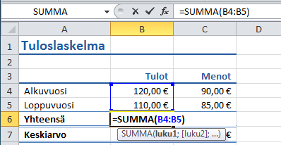 Kaavat Kaavojen kirjoittaminen Excel 2010 Kaava on laskennallinen kokonaisuus. Kaavassa yhdistetään laskentaoperandit, valmiit funktiot, soluosoitteet ja vakiot.