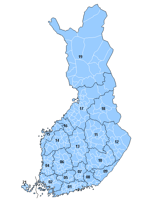 01 Uusimaa 02 Varsinais-Suomi 04 Satakunta 05 Kanta-Häme 06 Pirkanmaa 07 Päijät-Häme 08 Kymenlaakso 09 Etelä-Karjala 10