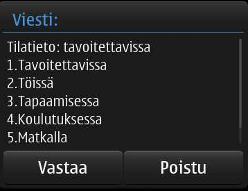 Elisa Oyj Elisa Ring 11 (57) Kuva 6 Tilatiedon alavalikko 2 Valitse vaihtoehdoista mitä tilatietoa haluat muuttaa: - Työnumero: Valitse kun haluat muuttaa työ läsnäoloja (tavoitettavissa, kokous jne.