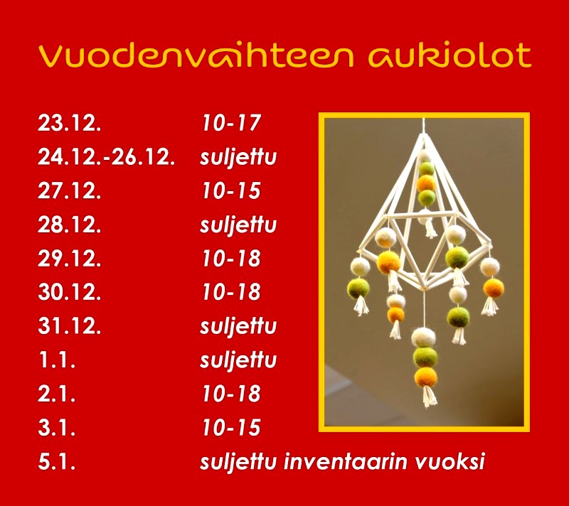 Valitse itsellesi sopiva tuote ja tule opettelemaan kirjovirkkausta joko valmiista ohjeesta virkaten tai itse suunnittelemastasi ruutupiirroksesta. Hinta: 42 (kurssim.: 15 + mat: 27 ) Hinta: kurssim.