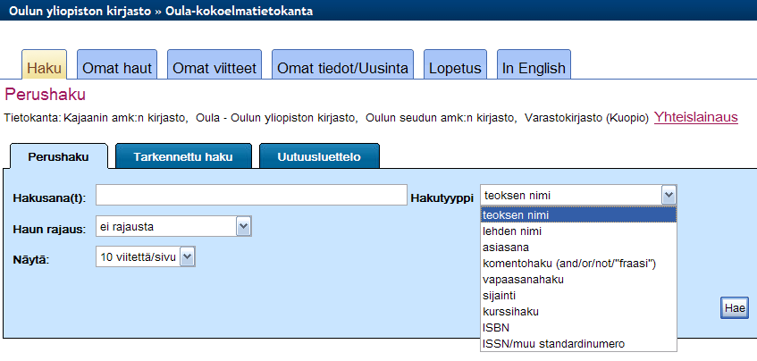 2. Avautuvasta tietokantavalikosta voit valita tietokannaksi Oula-tietokannan, Varastokirjaston tai Oulun ammattikorkeakoulun kirjaston tai Kajaanin ammattikorkeakoulun kirjaston kokoelmatietokannan