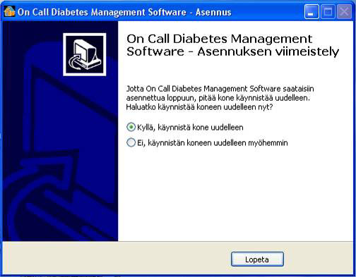 Kun On Call Diabetes Management Software- ohjelman asennus on valmis, ilmestyy näytölle seuraava ruutu.