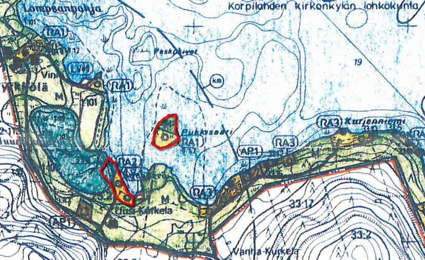 Yleiskaavassa suunnittelualueelle on osoitettu kolme rakennuspaikkaa RA2 (kaksi mantereella ja yksi saaressa), suojelualuetta SL ja maa- ja metsätalousaluetta M.