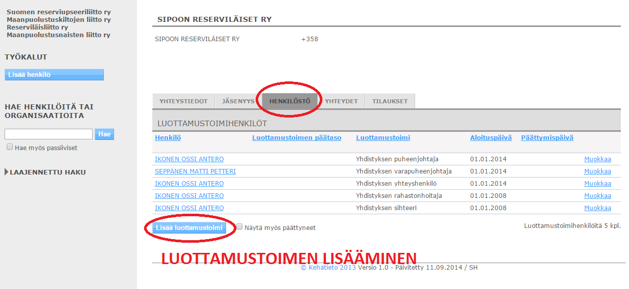 Jäsenyys-välilehdelle täytetään yhdistyksen jäsenmaksutiedot. Henkilöstö-välilehdelle täytetään kerhon puheenjohtajan, varapuheenjohtajan, sihteerin ja muiden luottamushenkilöiden tiedot.