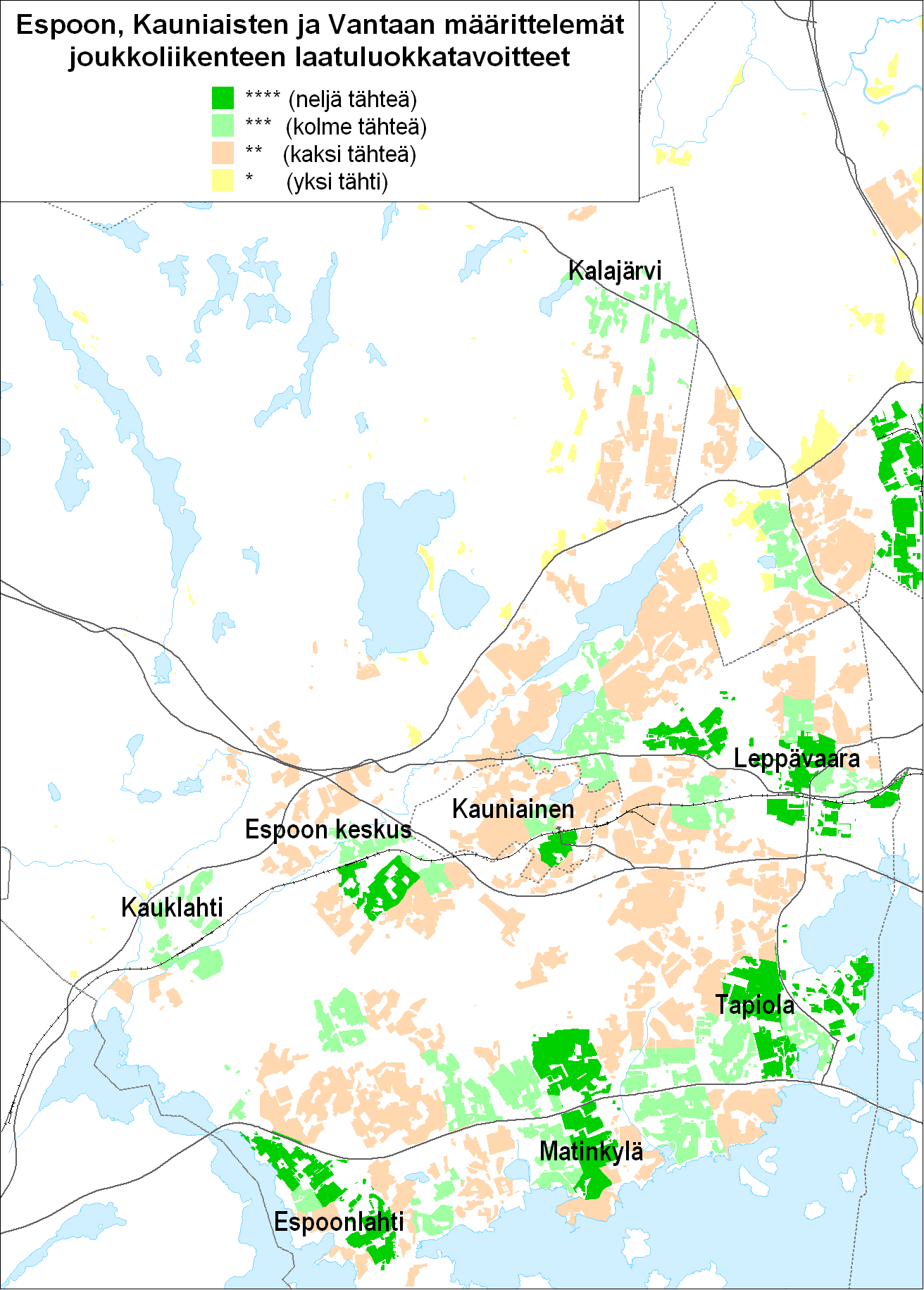 Kuva 1 Espoon ja Kauniaisten palvelutason tavoiteluokat pienalueittain.