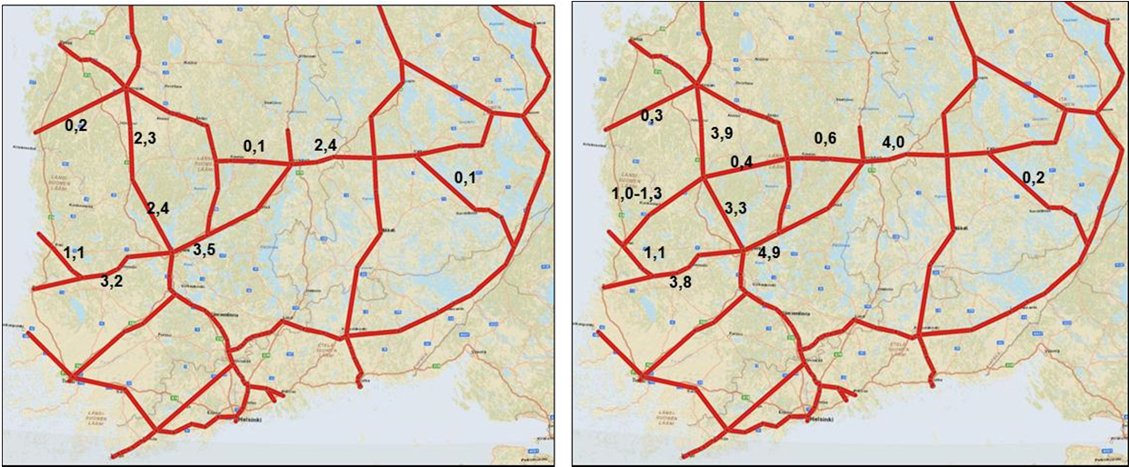 Pori Parkano Haapamäki-radan uudelleenavaamisen arviointi Kuva 5.10. Rataosien kuljetusmääriä (milj.