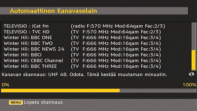 TV-lähetyksiä ja näyttäen löydettyjen kanavien nimet. Tämä toiminto kestää muutaman minuutin. Voit perua hakutoiminnon milloin tahansa painamalla MENU painiketta.