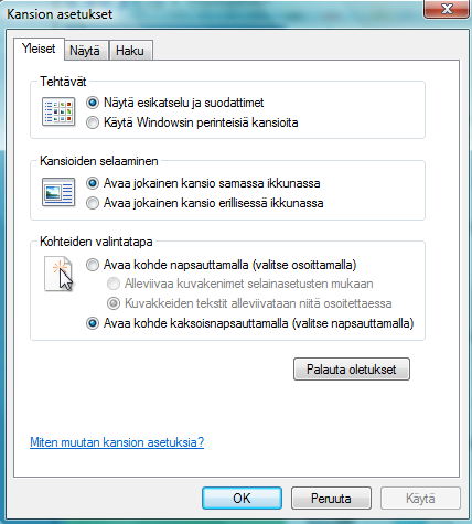 Windows 7 42 Kansioiden asetukset Kun halutaan muuttaa kaikkien kansioiden asetuksia, se tehdään seuraavasti: 1. Käynnistä Control Panel (Ohjauspaneeli) 2.