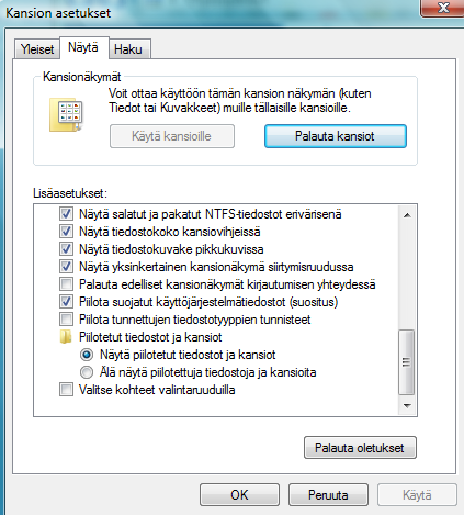 Windows 7 43 Hide extensions for known file types (Piilota tunnettuen tiedostotyyppien tunnisteet) Show hidden files and folders (Näytä piilotetut tiedostot ja kansiot) Ohjelmien asentaminen ja