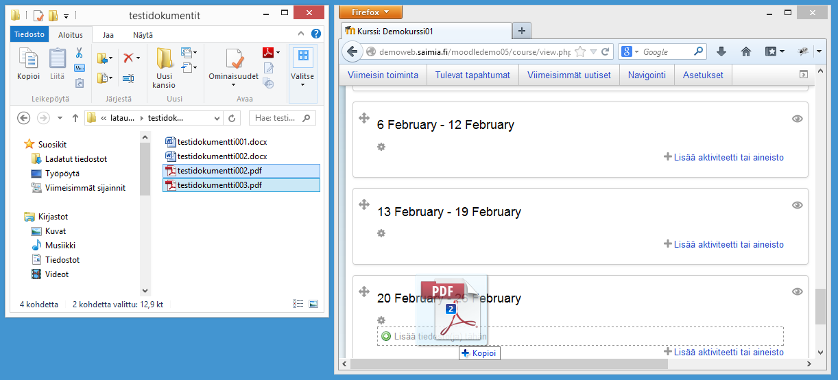 2.2.6 Tiedostojen lisääminen raahaamalla Jos selaimesi tukee tiedostojen siirtämistä raahaamalla, voit tiputtaa tiedostoja esimerkiksi työpöydältä suoraan kurssisivulle.