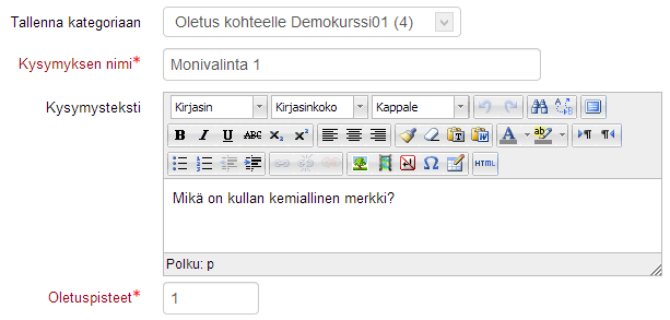 Kirjoita kysymyksen nimi. Nimeä käytetään kysymysten listauksissa mm. tentin muokkaustilassa ja kysymyspankissa. Sitä ei näytetä opiskelijalle tentissä.