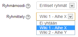 Voit asettaa ryhmämoodin kurssin asetuksista tai jokaisen aktiviteetin asetuksista erikseen. Kurssin asetuksiin tehtyä valintaa käytetään oletuksena kaikissa uusissa aktiviteeteissa.