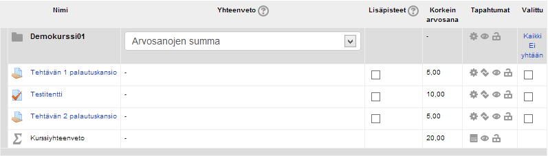 4 Arvioinnit Voit antaa kurssilla arvioinnin opiskelijoiden Moodleen palauttamista tehtävistä. Kaikkia kurssilla annettuja arviointeja voit tarkastella Asetukset-lohkosta, kohdasta Arvioinnit.