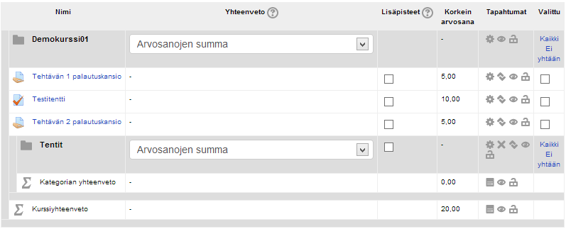 Kun kategoria on lisätty, voit siirtää tai lisätä sinne arviointikohteita. Klikkaa siirtokuvaketta sellaisen kohteen riviltä, jonka haluat siirtää uuteen kategoriaan.