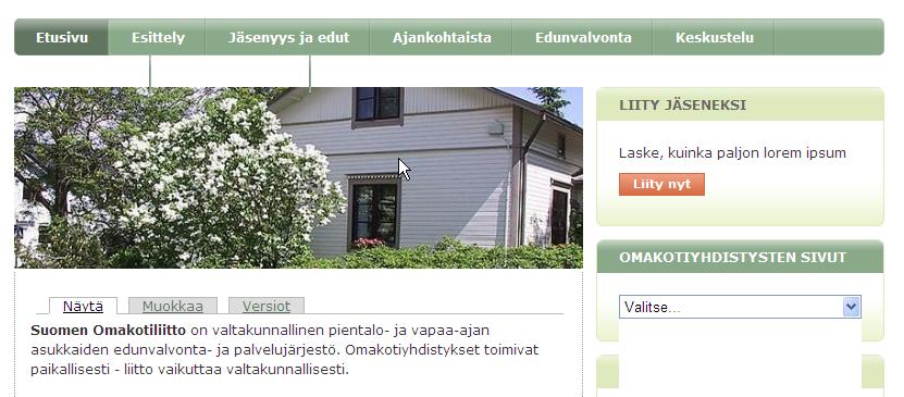Omakotiliitto luo automaattisesti etusivun kaikille jäsenyhdistyksilleen.