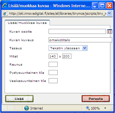 Tekstisivuille on mahdollista liittää kuvia tekstinmuokkaustyökalulla. Toiminto kuvan lisäämiseen avautuu klikkaamalla kuva-ikonia työkaluriviltä.