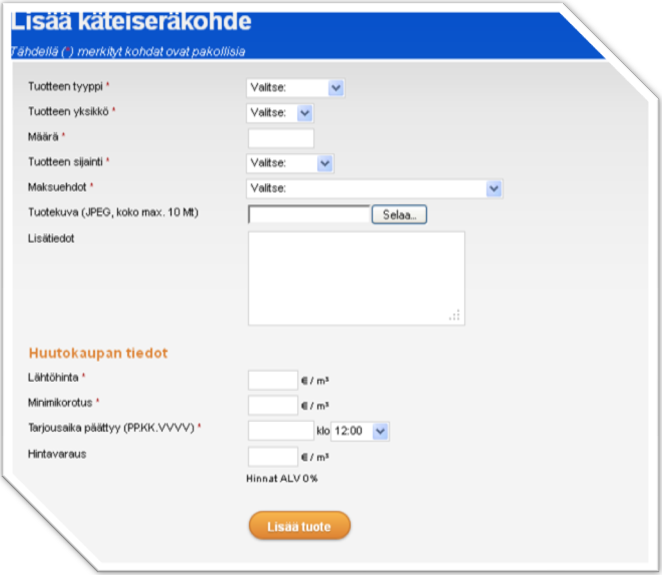 12 Kuva 9: Kohteen lisääminen yritysmyyntiin huutokaupattavaksi Kohteen lisääminen yritysmyyntiin: (Kuva 9) Valitse haluamasi tuotteen tyyppi listasta Valitse tuotteen mittayksikkö valikosta Kirjoita