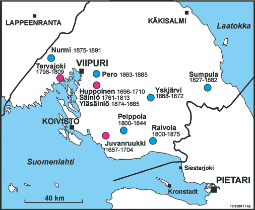 Kuva 1. Karjalan kannaksen historialliset manufaktuuripajat, masuunit (Raivola, Sumpula, Yskjärvi) ja vaskipaja (Säiniö).