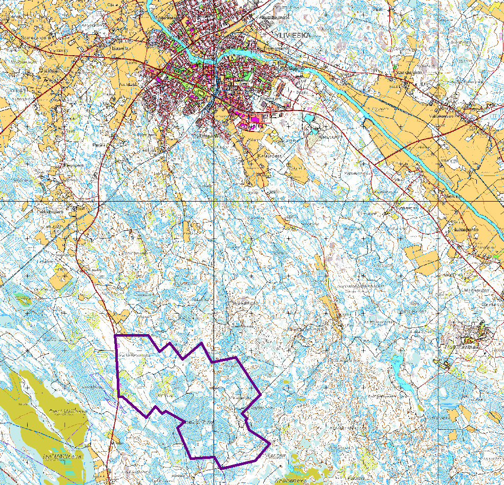 FCG SUUNNITTELU JA TEKNIIKKA OY KAAVASELOSTUS 4 (74) Kuva 1. Suunnittelualueen sijainti. Tuulivoimapuiston osayleiskaavan rajaus on esitetty violetilla aluerajauksella.