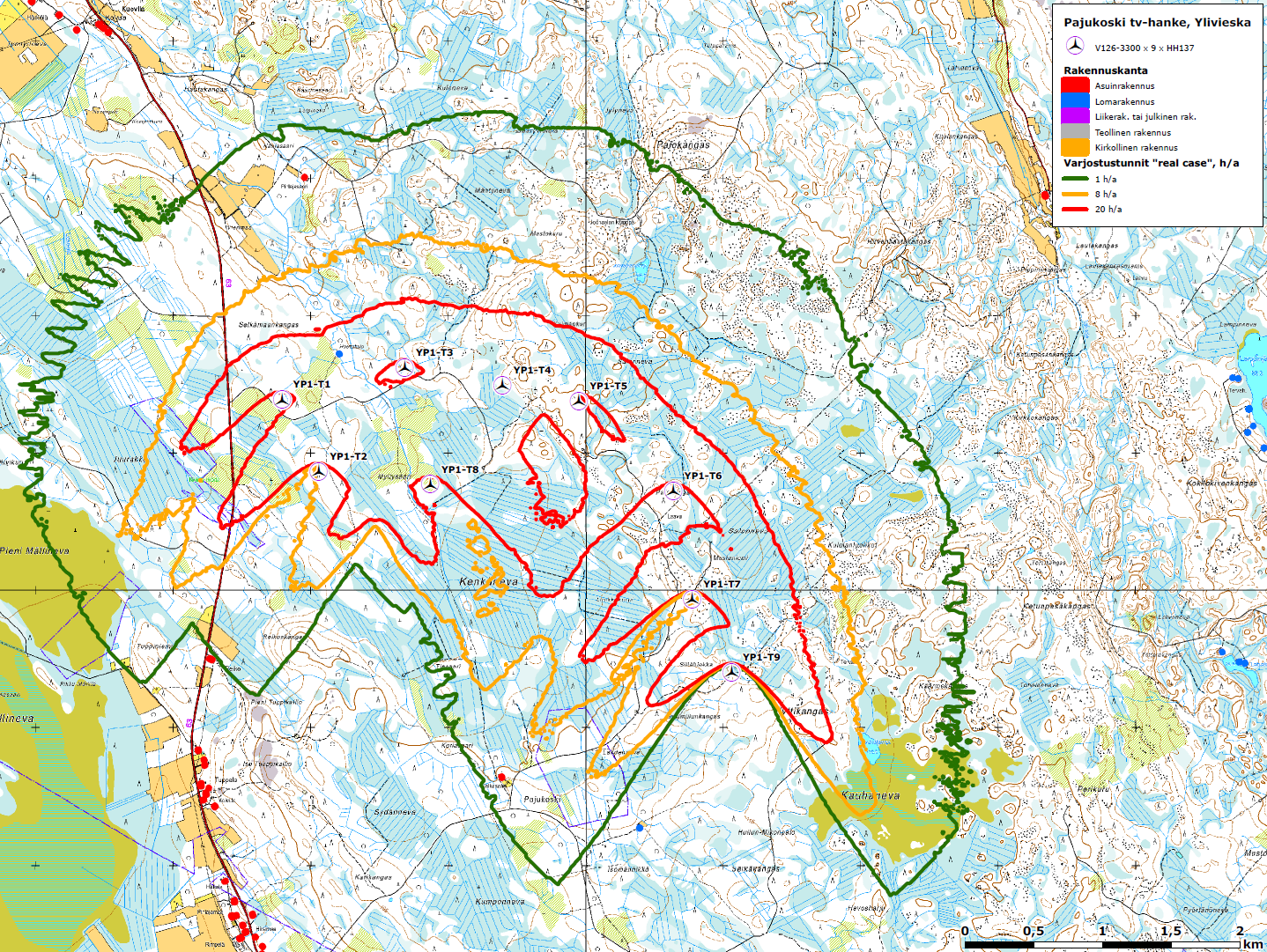 FCG SUUNNITTELU JA TEKNIIKKA OY KAAVASELOSTUS 69 (74) Kuva 35. Varjostusmallinnuksen "real case" tulokset (Vestas V126-3300). Asuintalot merkitty punaisin pistein, loma-asunnot sinisin pistein.