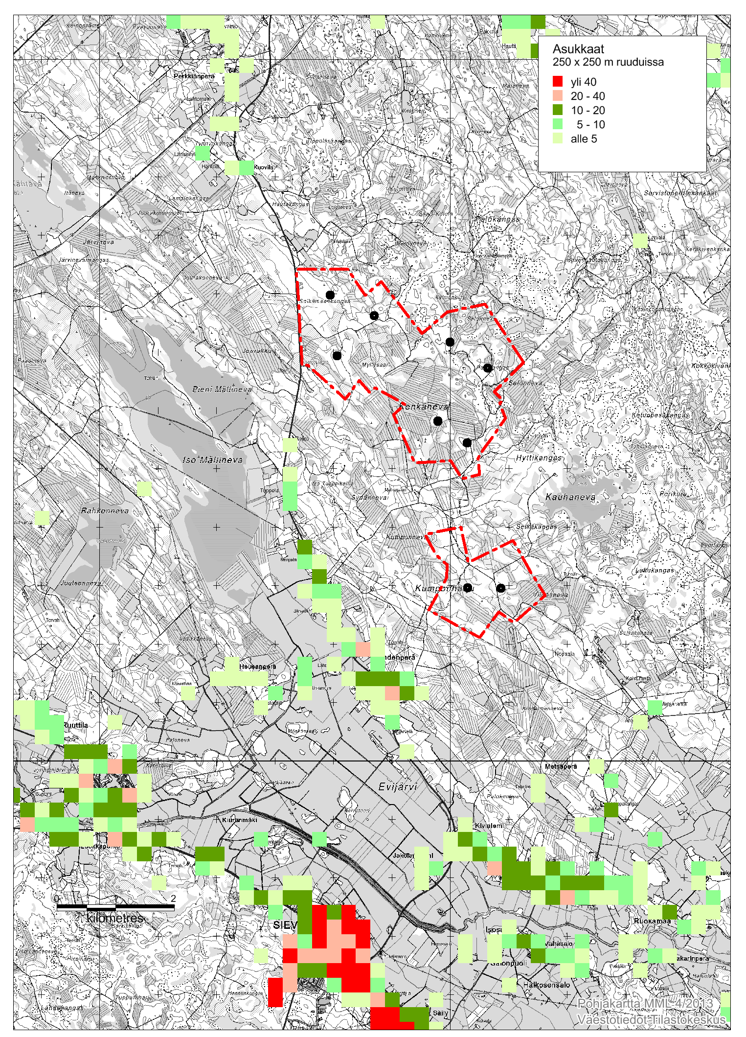 FCG SUUNNITTELU JA TEKNIIKKA OY KAAVASELOSTUS 6 (74) Kuva 3. Asutus tuulivoimapuiston lähialueilla Tilastokeskuksen (250 x 250 m) ruutuaineiston perusteella vuonna 2009.