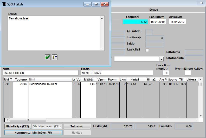 Kommenttirivin lisäys sopimukselle ja laskulle muuttunut Kommenttirivin lisäys on helpottunut niin sopimusriville kuin laskuriville kirjattaessa.