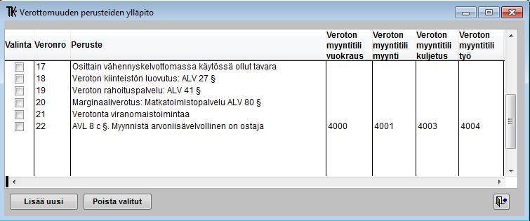 Laskutustyyppi 1 = vuokraus (veroton myyntitili vuokraus) Laskutustyyppi 2 = myyntiveloitus (veroton myyntitili myynti) Laskutustyyppi 3= kuljetusveloitukset (veroton myyntitili kuljetus)