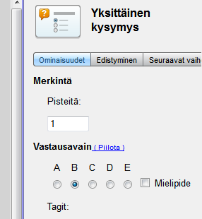 Kysymyksen määrittelyn jälkeen valitaan Lopeta ja päästään muotoilemaan sivua. Vaihtoehdot voi jättää tyhjiksi ja käyttää kirjaimia siirreltävinä objekteina.