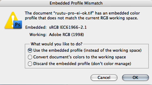 Enbedded Profile Mismatch RGB- se tavallinen vaaraton ilmoitus Tarkista aina kun tämä lappunen tulee, että Working: on sitä mitä sen pitää olla - ettei tämä ilmoitus ole turha tai väärä!